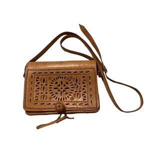 Genuine Leather Tan Tooled Crossbody Bag  Southwestern Boho Coastal Cowgirl
